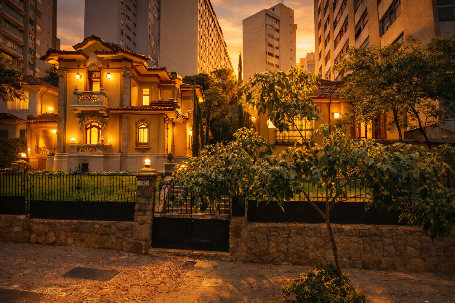 Casarão Doimo iluminado ao entardecer